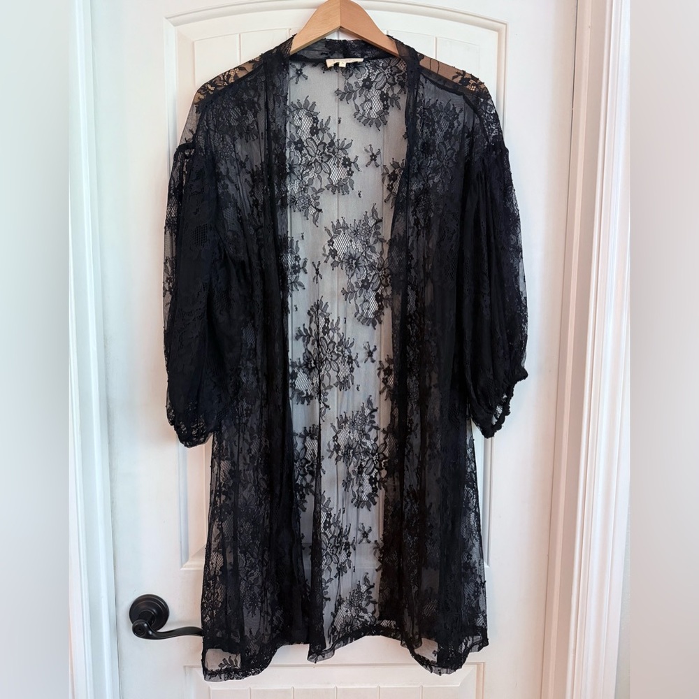 Boho Black Lace Open Front Kimono Cover Up Top Size Large Beach Festival